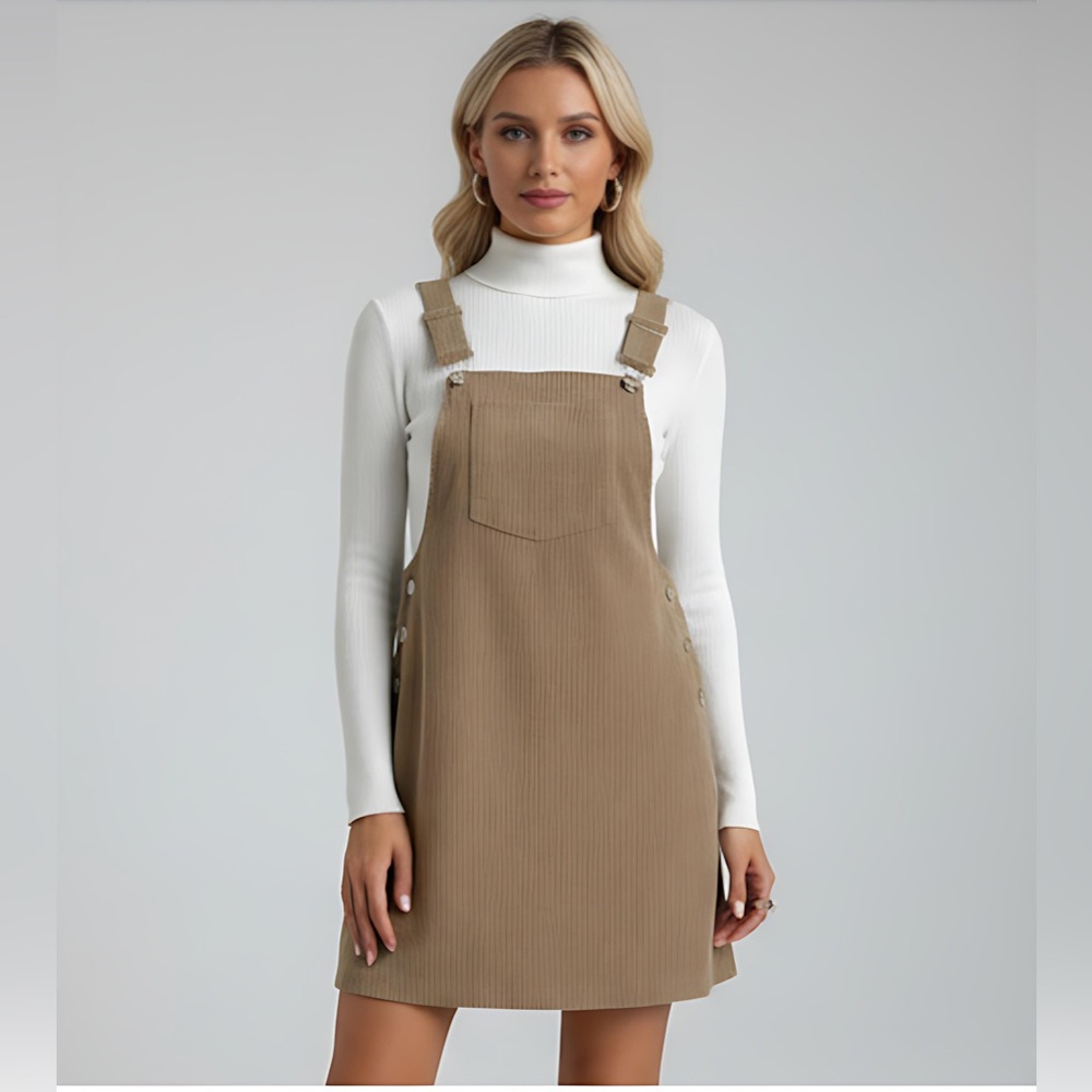 Brown Pocket Patched Corduroy Overall Dress - Picture 1 of 5